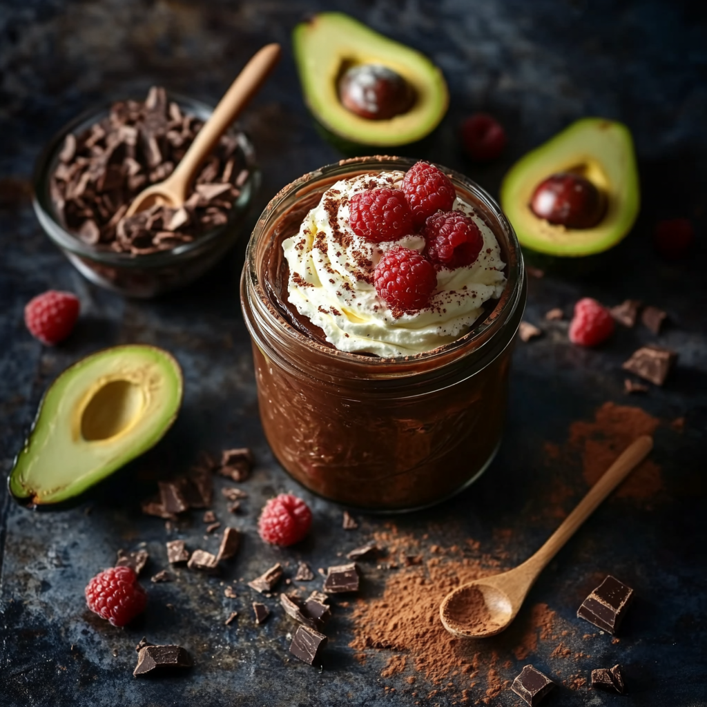 Keto chocolate avocado mousse in a glass jar, garnished with whipped cream and raspberries on a slate background