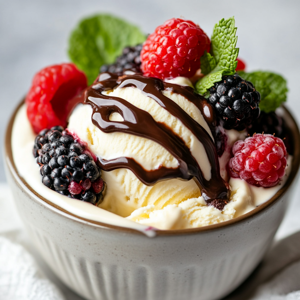 Keto gelato in a cup garnished with berries, mint, and low-carb chocolate sauce