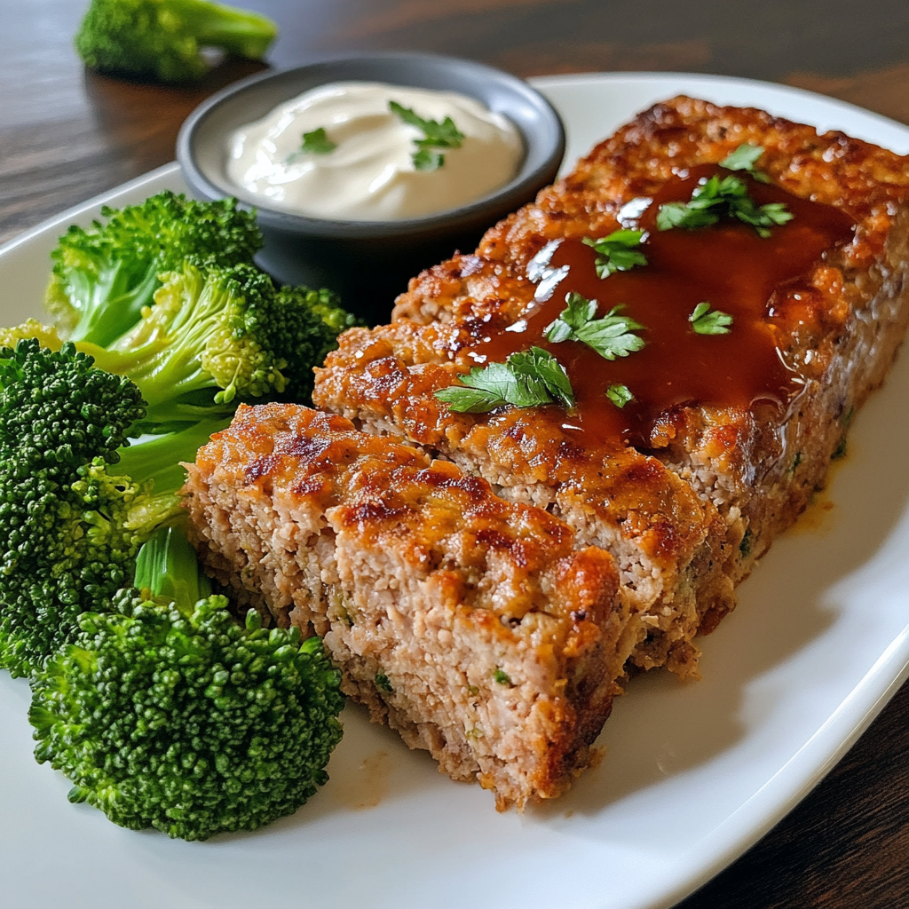 Keto-friendly turkey meatloaf served with steamed broccoli on a white plate