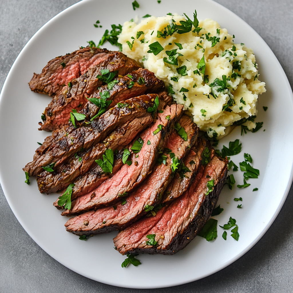 Sliced flank steak served with keto-friendly sides like cauliflower mash and fresh herbs