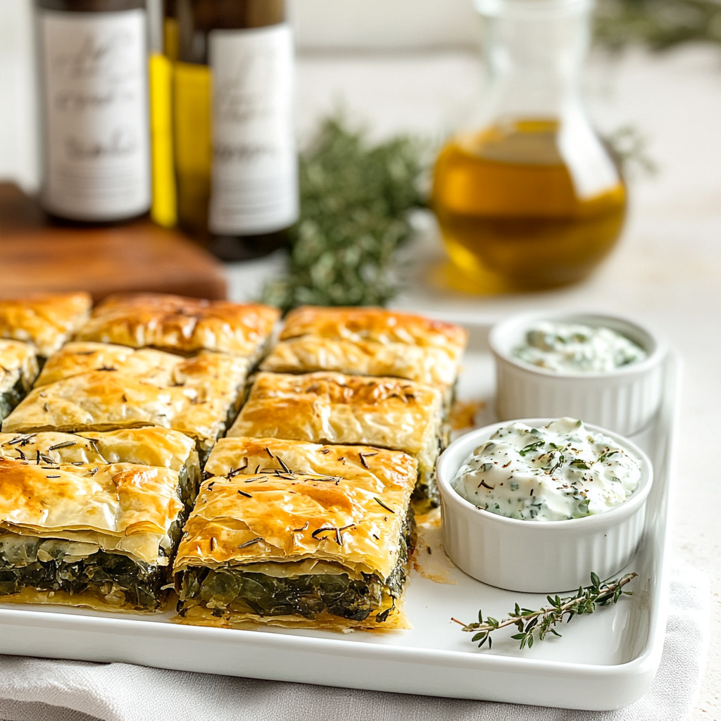 Sliced Spanakopita with a side of tzatziki sauce on a serving plate