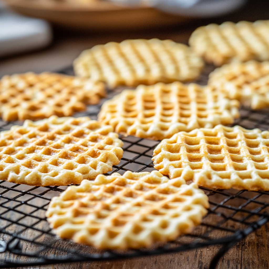 Golden keto pizzelle cookies on a cooling rack, highlighting their crisp texture and decorative patterns