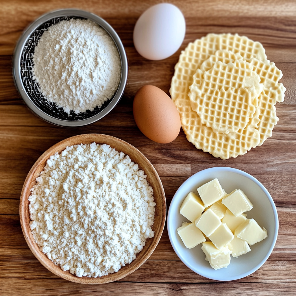 Ingredients for keto pizzelle, including almond flour, eggs, butter, and sweetener, displayed on a wooden countertop