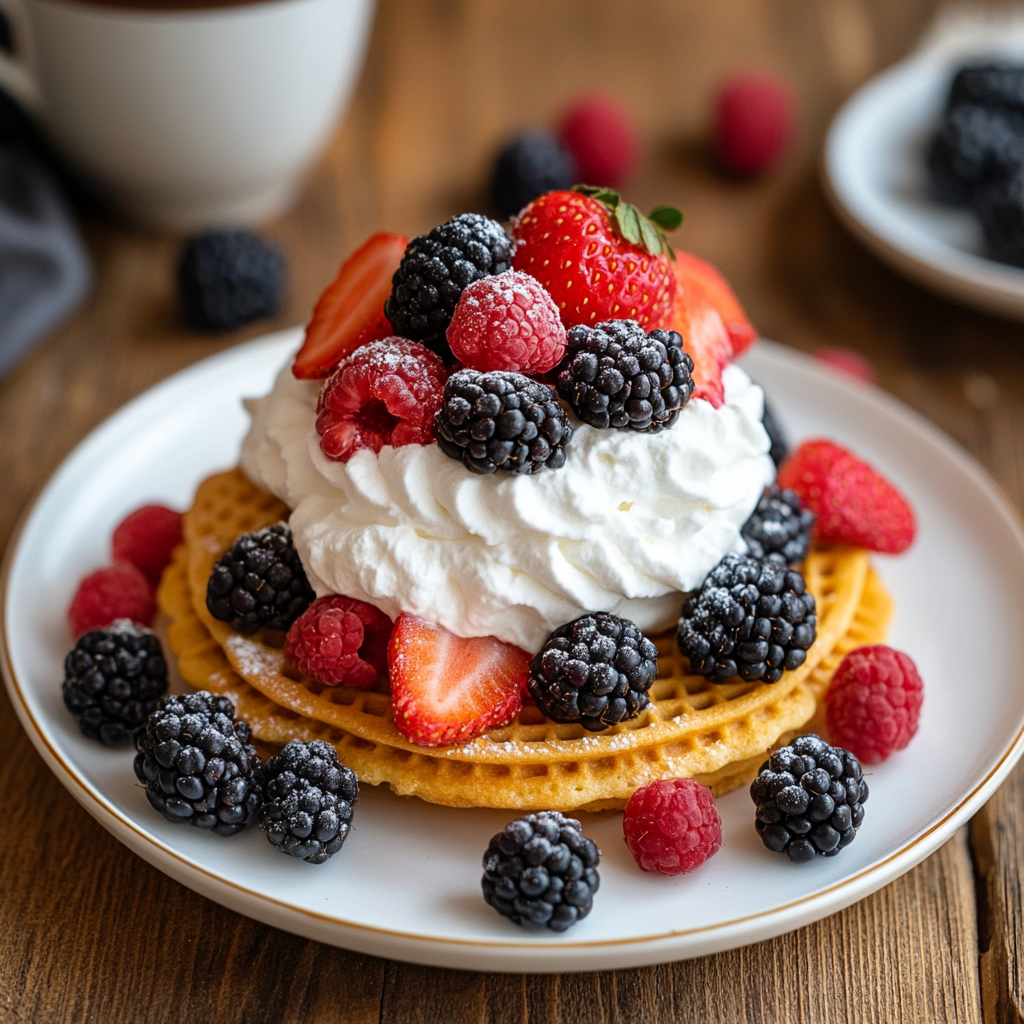 Keto pizzelle cookies served with sugar-free whipped cream and fresh berries on a white plate