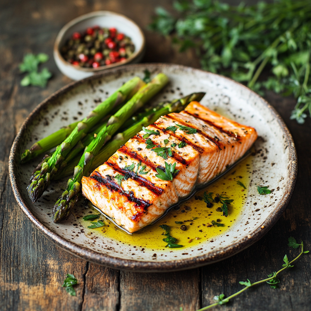 Grilled salmon and asparagus on a plate with olive oil drizzle