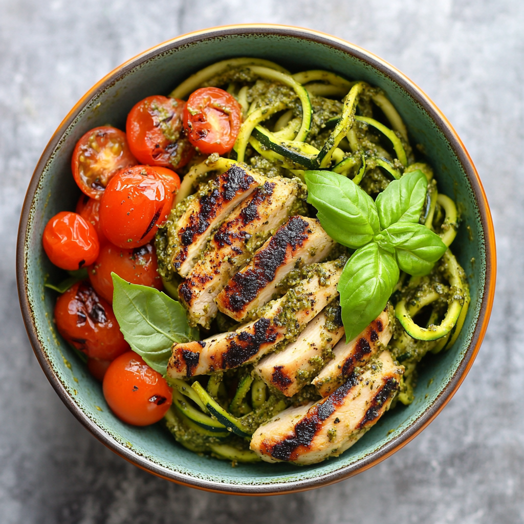 Zucchini noodles with pesto, grilled chicken, and cherry tomatoes