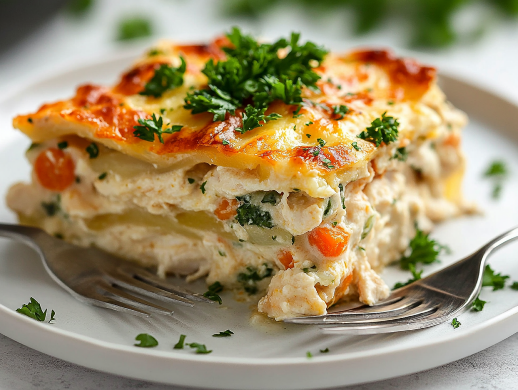 A close-up of a serving of keto chicken casserole on a white plate with visible layers of chicken, vegetables, and cheese.