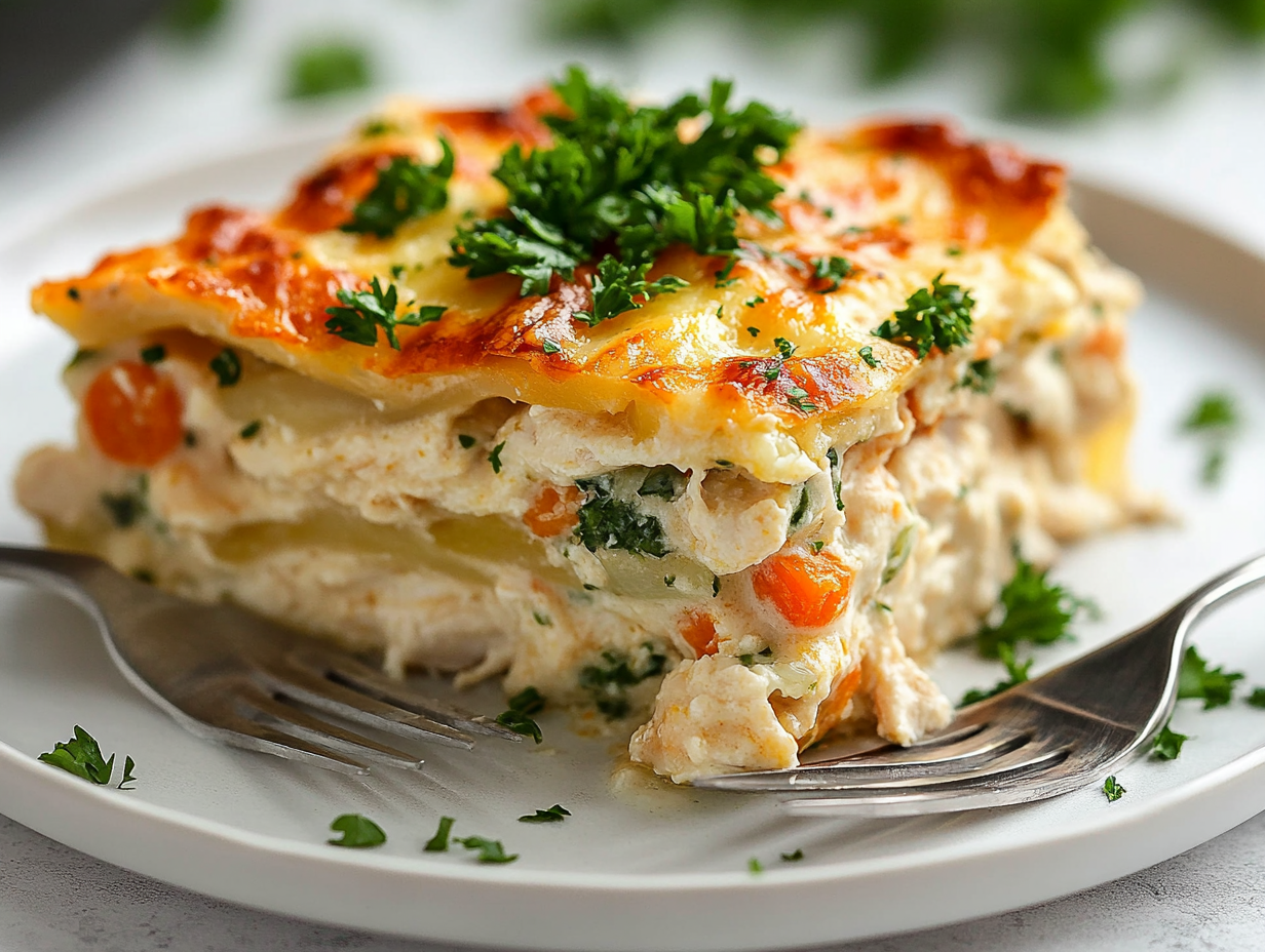 A close-up of a serving of keto chicken casserole on a white plate with visible layers of chicken, vegetables, and cheese.