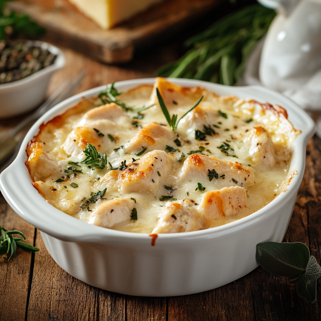 Keto chicken casserole with melted cheese served in a ceramic dish