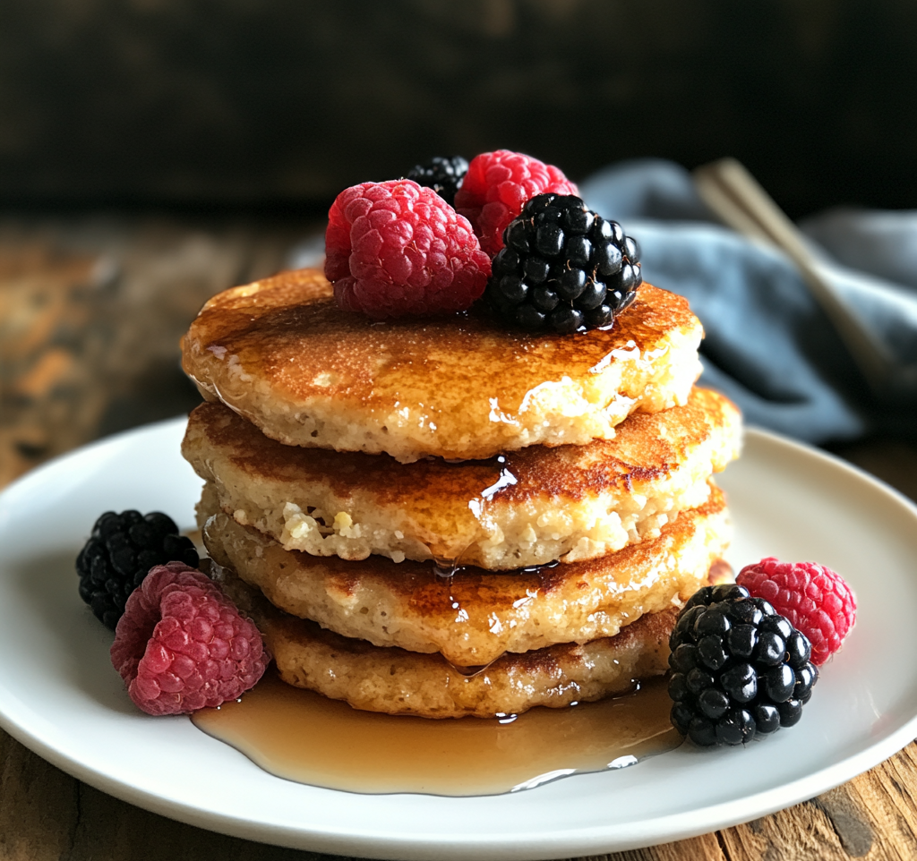 A stack of golden-brown keto cottage cheese pancakes with berries and syrup