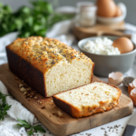 A loaf of freshly baked keto cottage cheese bread with slices on a wooden cutting board