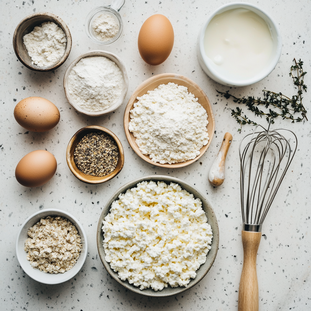 Ingredients for keto cottage cheese bread arranged on a counter, including almond flour, cottage cheese, and eggs