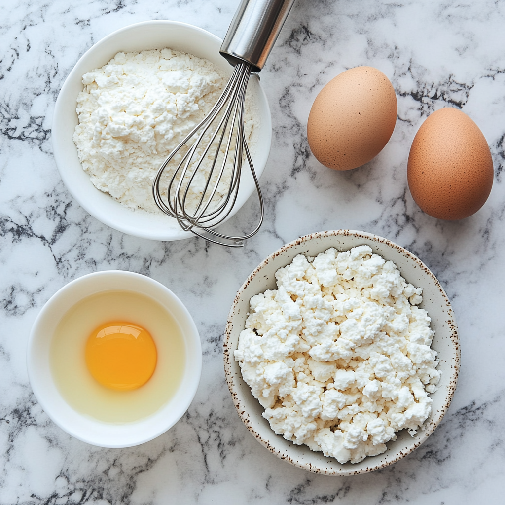 Ingredients for keto cottage cheese pancakes on a marble countertop