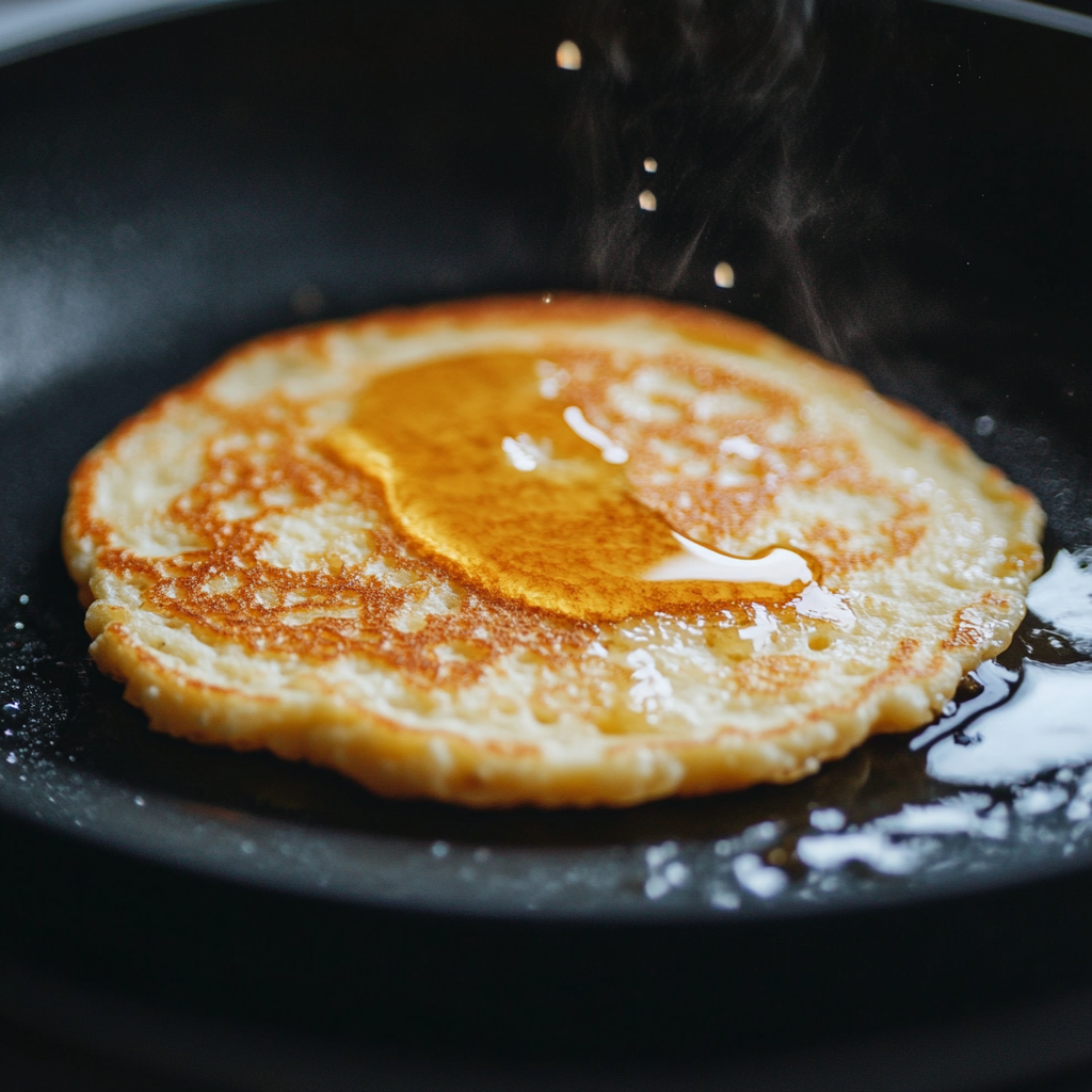 Close-up of a keto cottage cheese pancake cooking in a non-stick pan