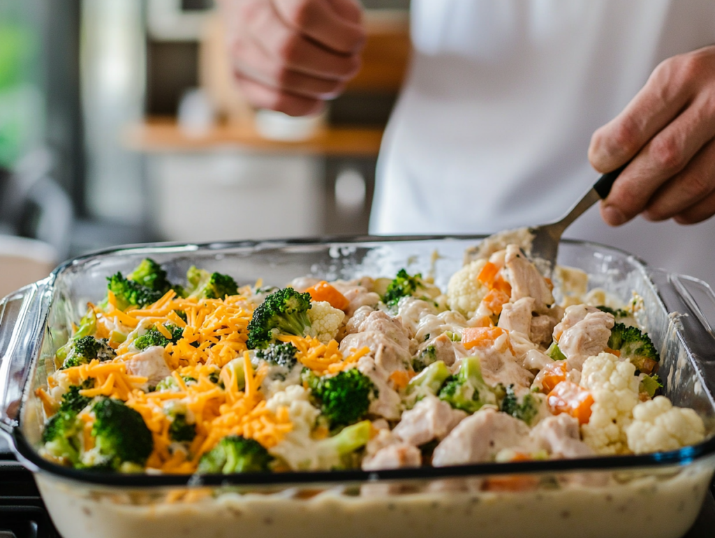 Step-by-step process of preparing a keto chicken casserole with chicken, vegetables, and creamy cheese sauce.