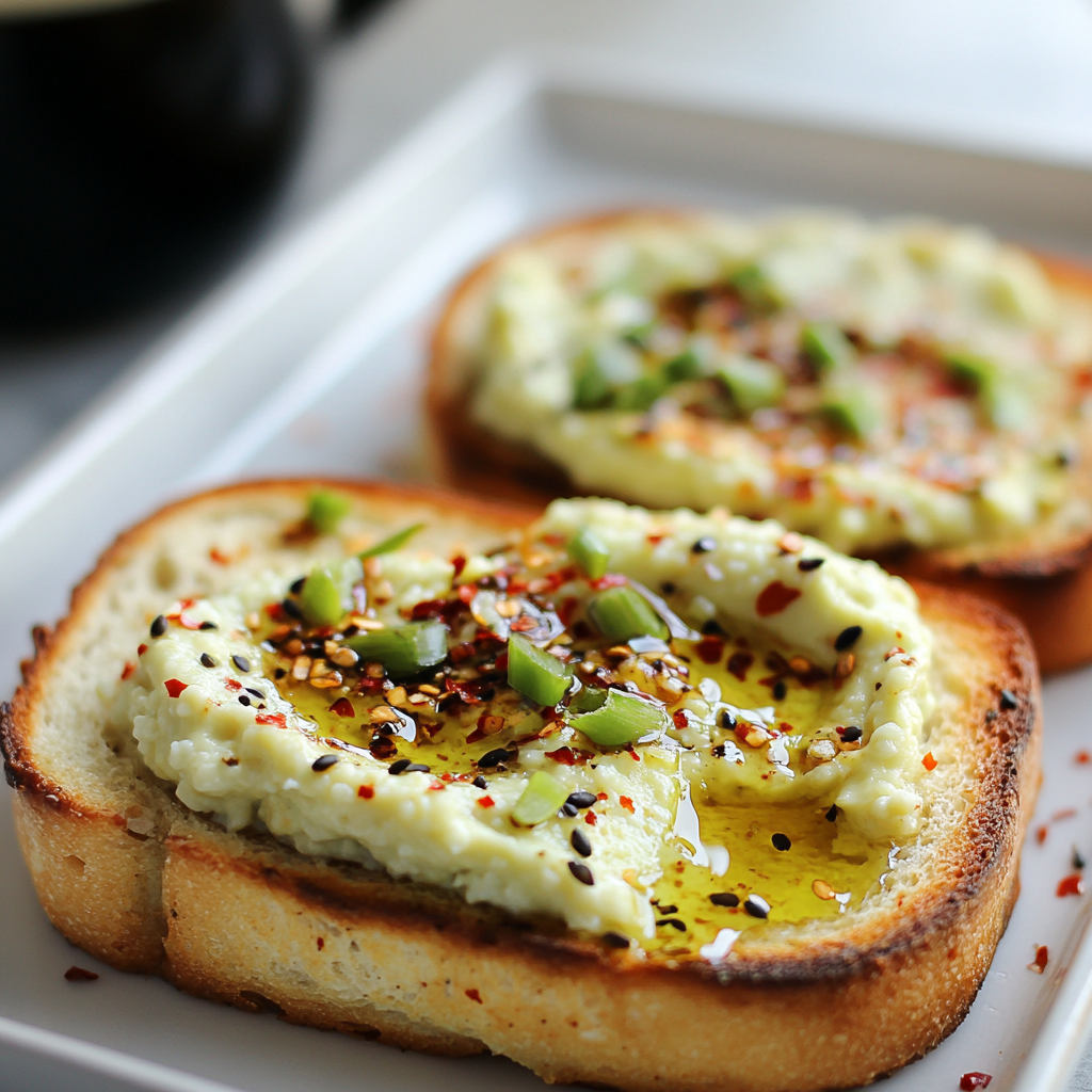 Slices of keto cottage cheese bread topped with avocado, chili flakes, and olive oil