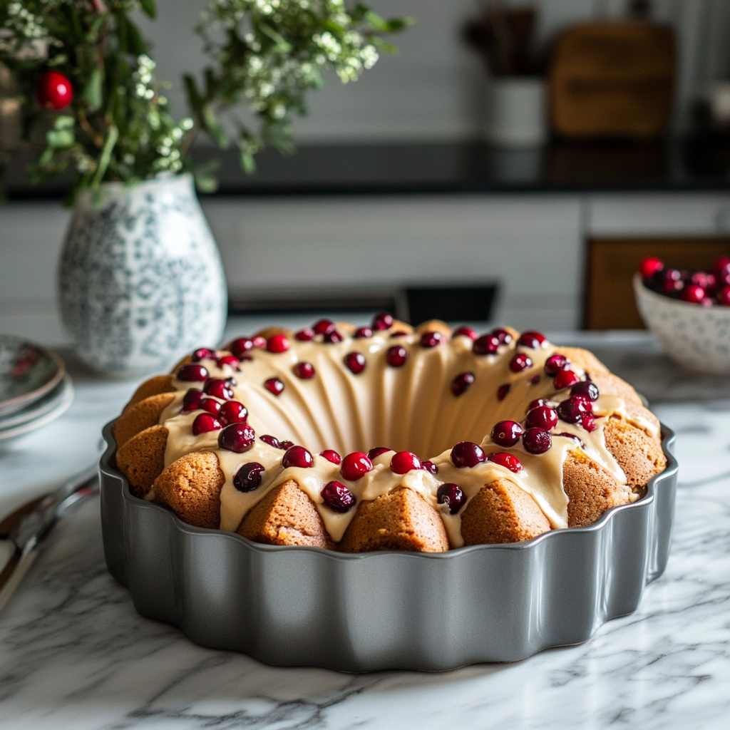 Light golden Bundt cake batter with cranberries in a Bundt pan