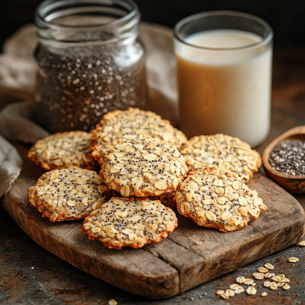 A batch of golden oatmeal chia seed cookies on a rustic wooden board