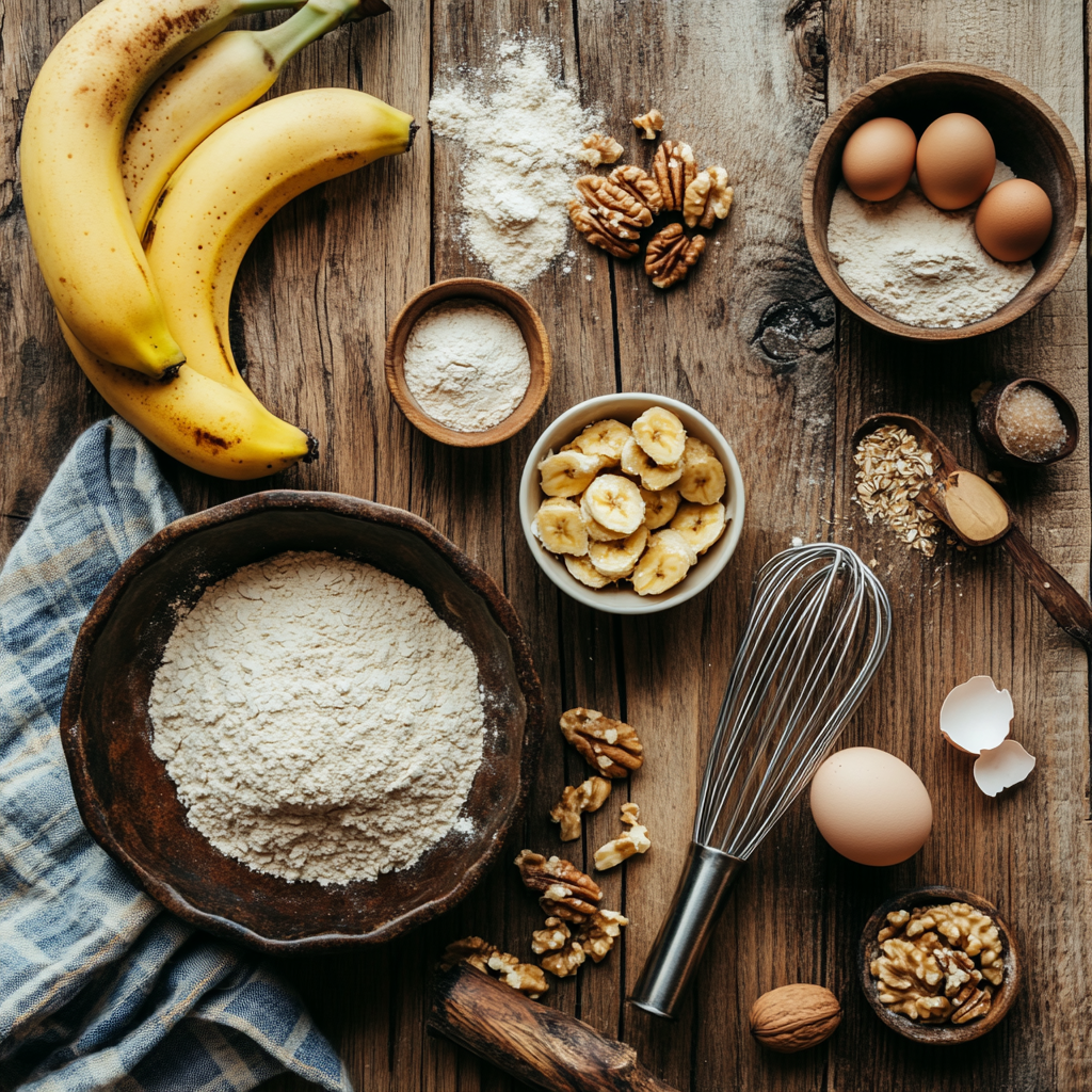 Ingredients for making banana drop muffins, including bananas, flour, eggs, and nuts