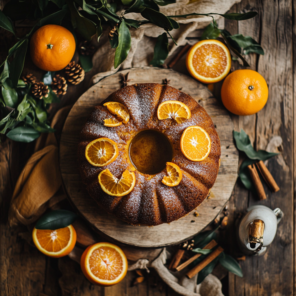 Moist spiced orange olive oil cake surrounded by fresh oranges and cinnamon sticks