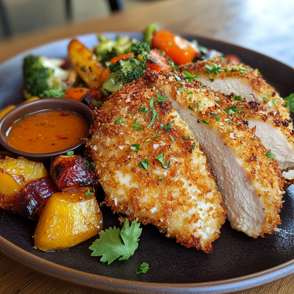 Coconut chicken served with roasted vegetables and dipping sauce