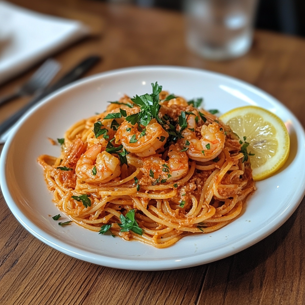 Garlic shrimp spaghetti plated with parsley and a lemon slice