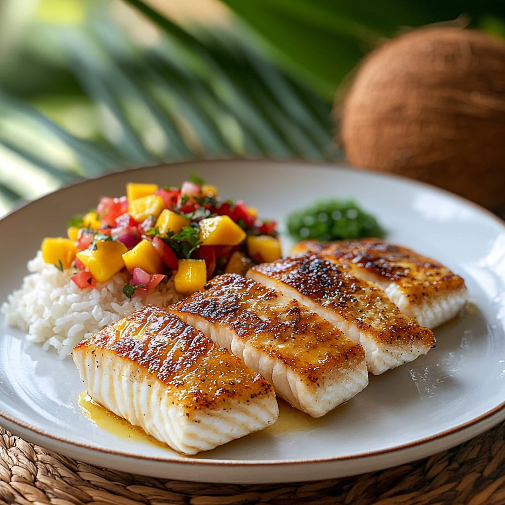 A dish of Mahi Mahi with Coconut Rice and Mango Salsa on a white plate