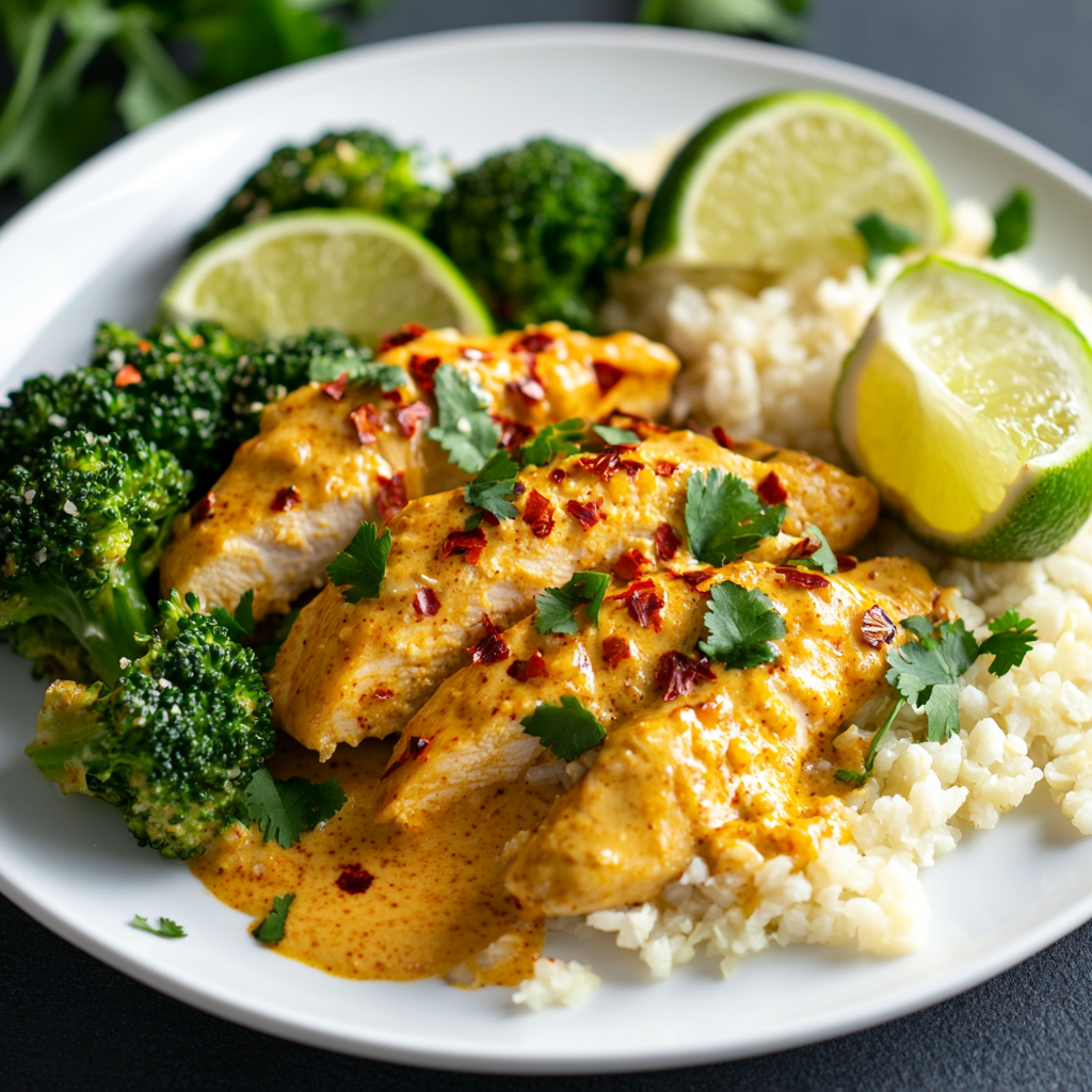 Curried coconut chicken on a white plate with broccoli and cauliflower rice, garnished with lime wedges