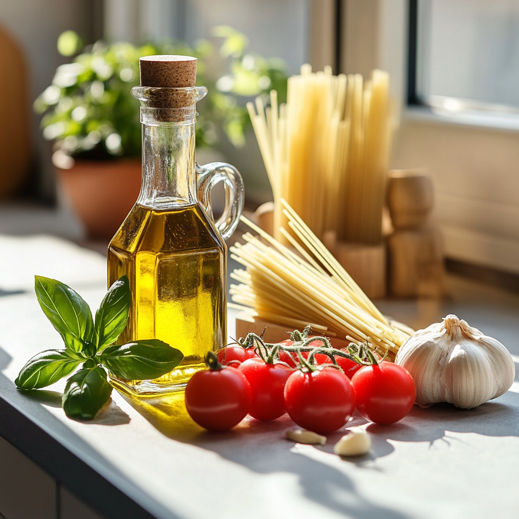 Fresh ingredients for olive oil tomato and basil pasta, including olive oil, cherry tomatoes, basil leaves, garlic, and spaghetti