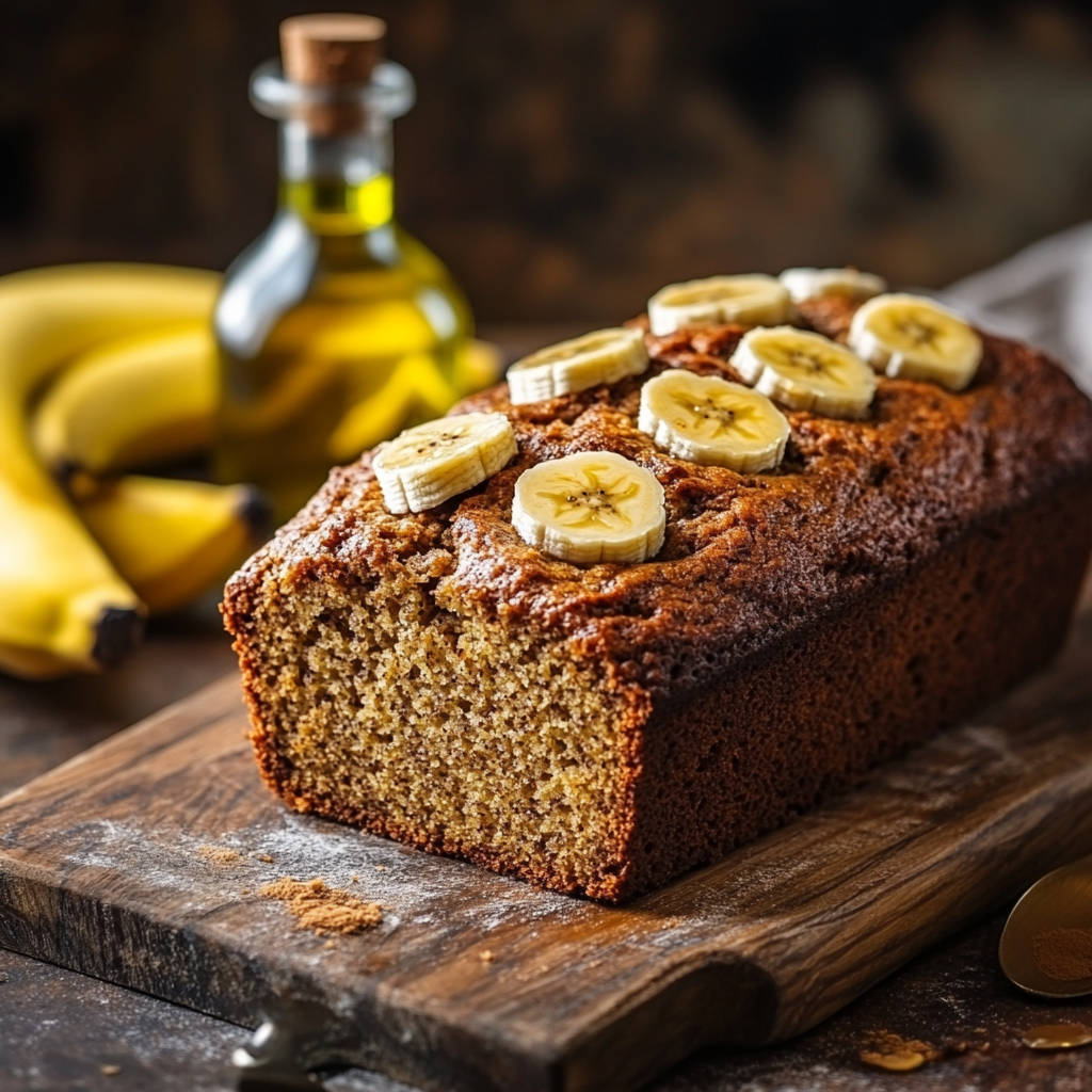 A loaf of golden-brown olive oil banana bread on a wooden cutting board with ripe bananas and olive oil in the background