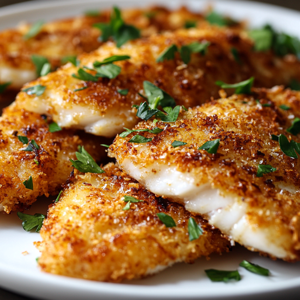 Golden crispy coconut tilapia fillets served with fresh parsley garnish