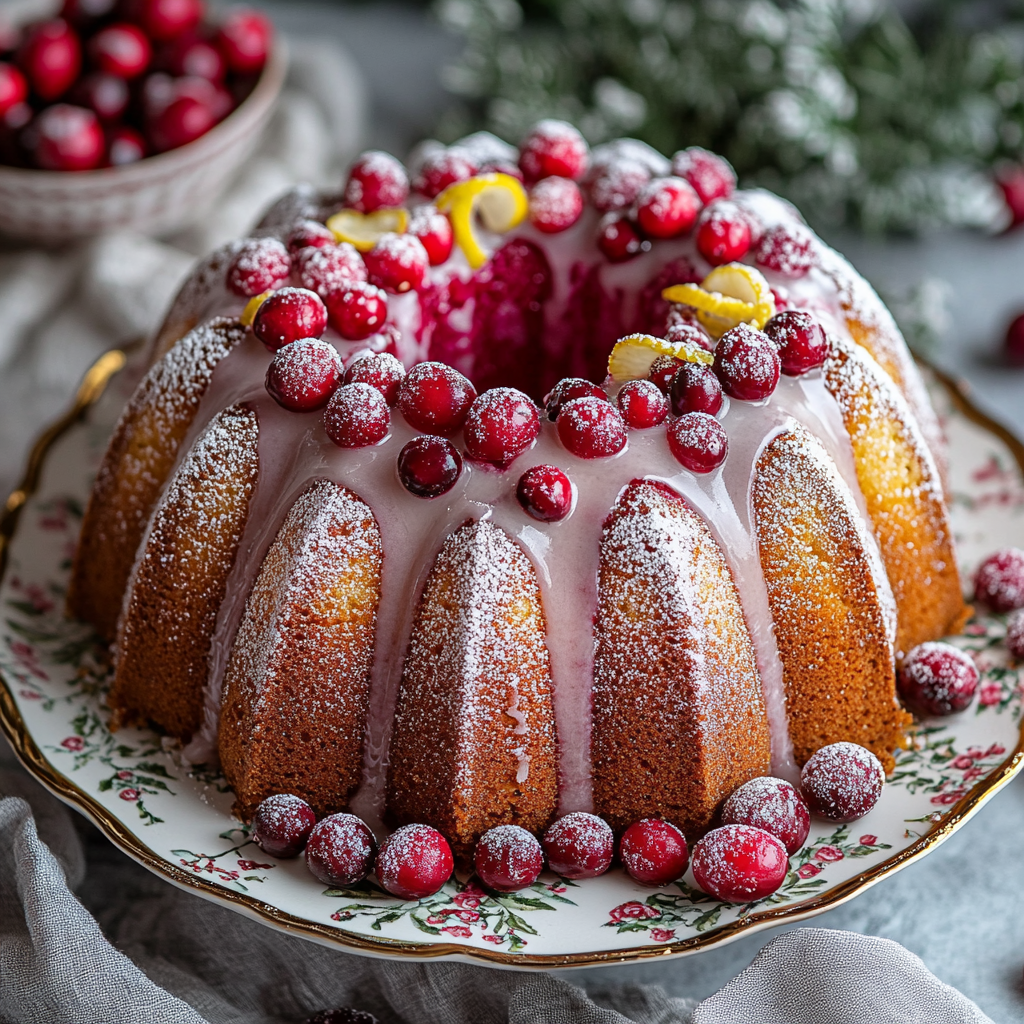 Moist olive oil cranberry Bundt cake with citrus glaze and sugared cranberries