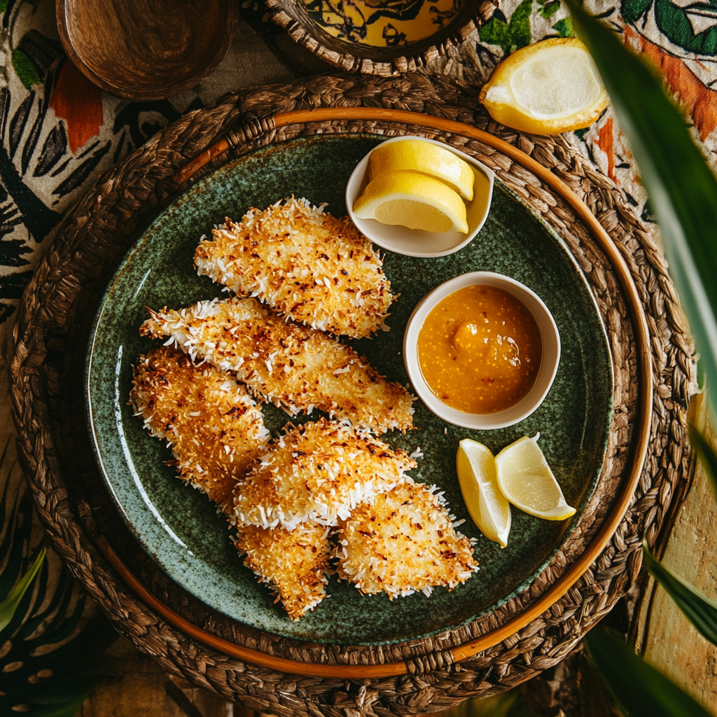 A tropical-themed table with coconut tilapia, apricot dipping sauce, and lemon wedges