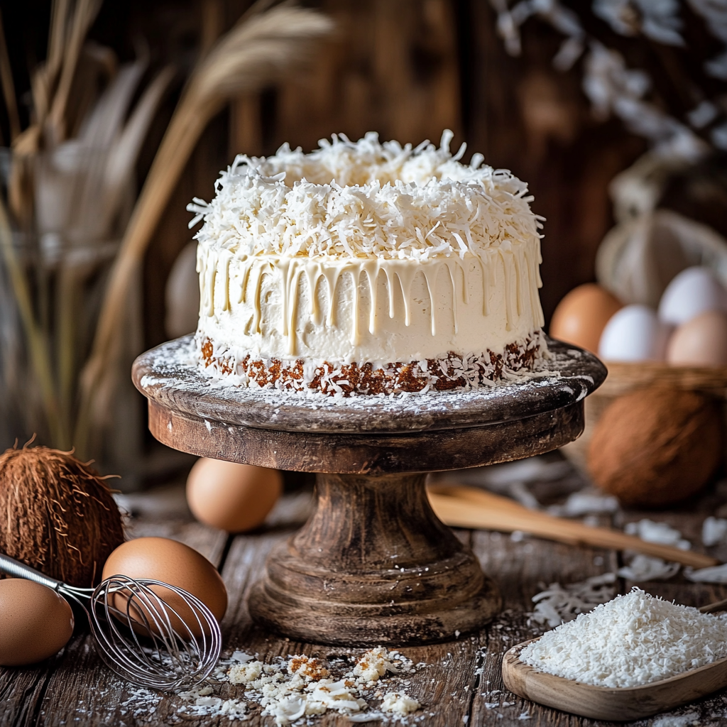 Decorated coconut cake on a rustic cake stand with coconuts and baking ingredients