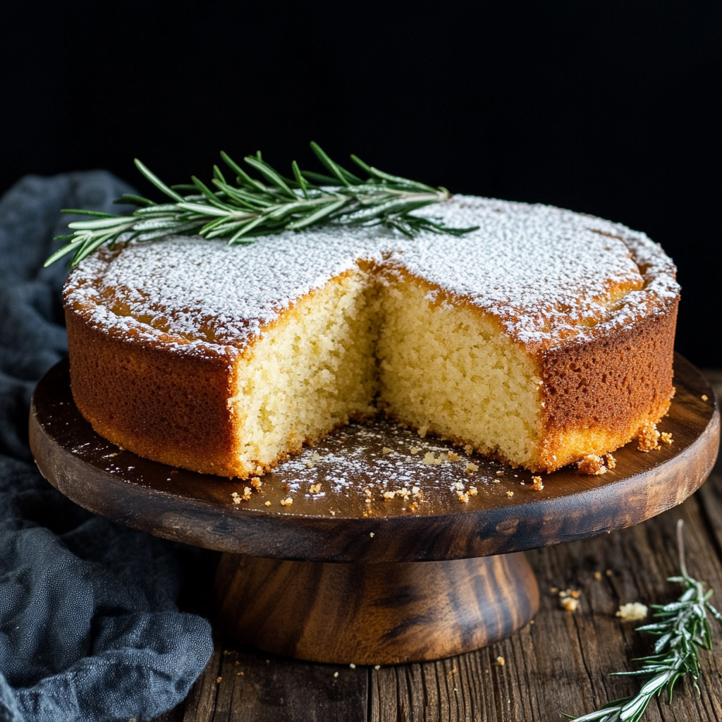 Golden Italian olive oil cake with powdered sugar and rosemary on a cake stand