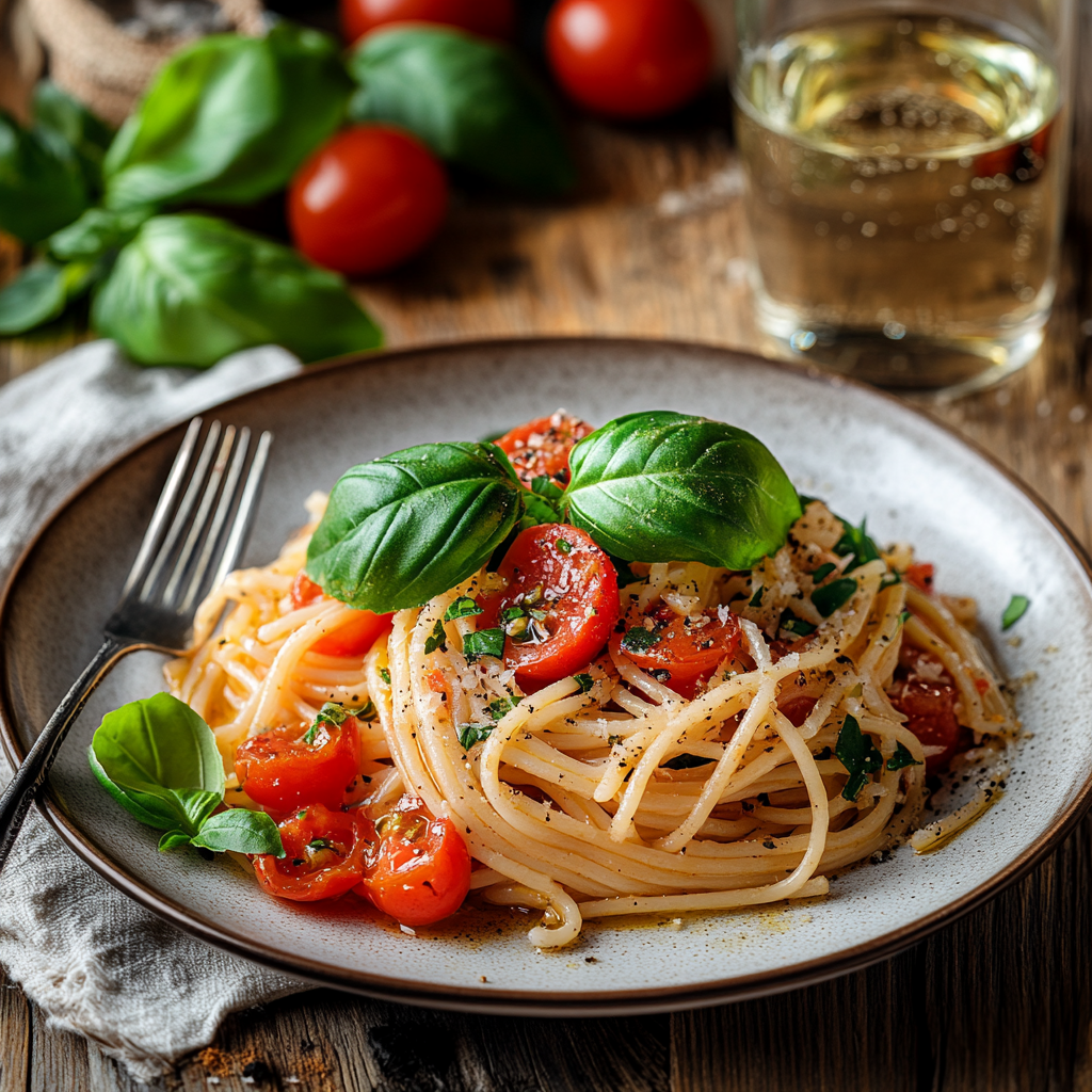 A plate of olive oil tomato and basil pasta garnished with basil leaves and a drizzle of olive oil
