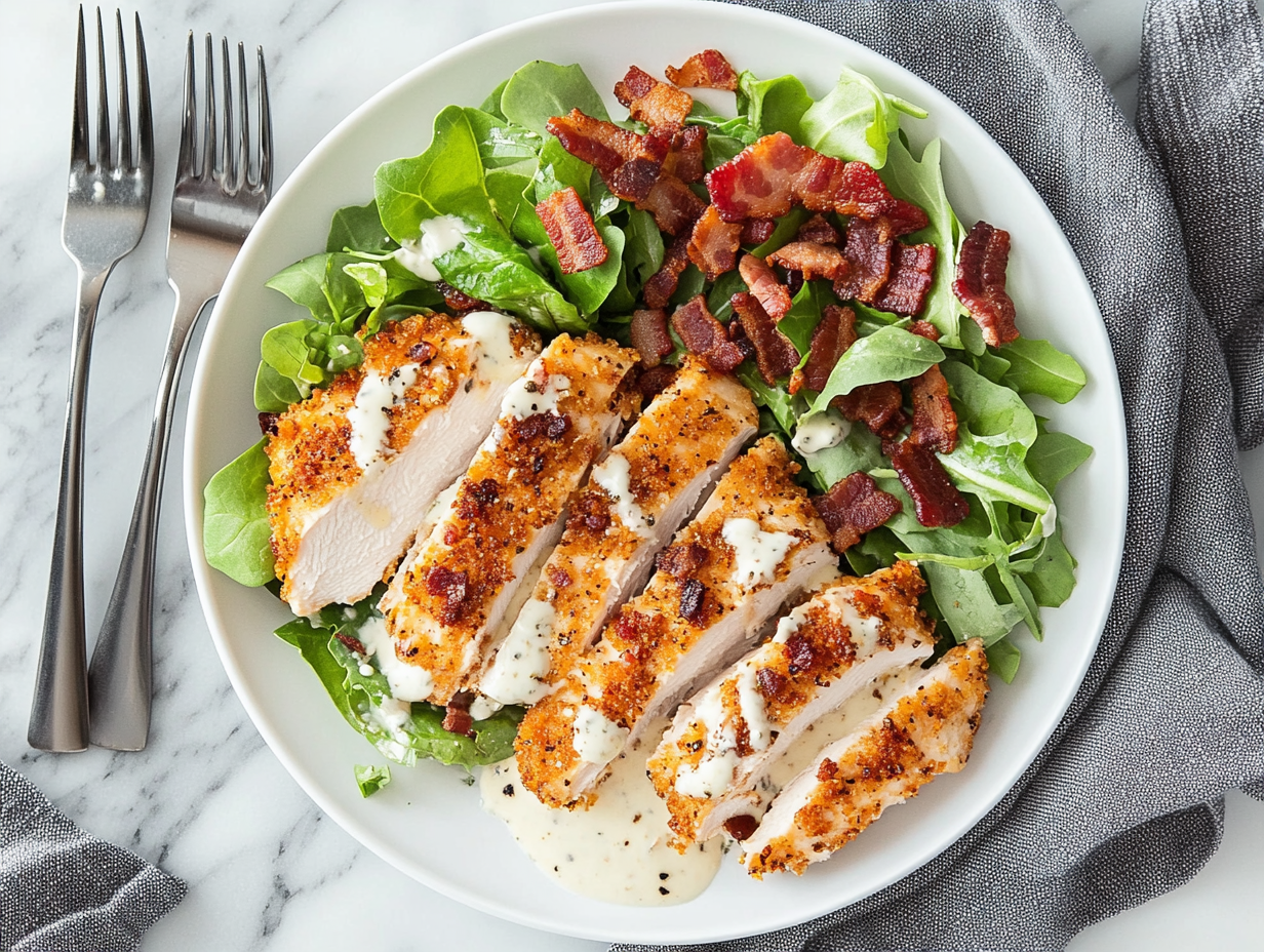 A serving of keto crack chicken with salad greens and ranch dressing.