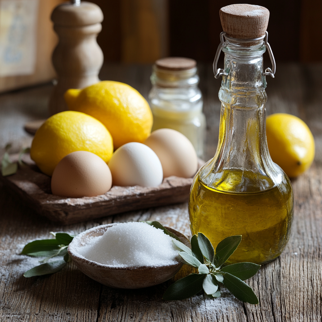 Fresh ingredients for making Italian olive oil cake on a rustic wooden table