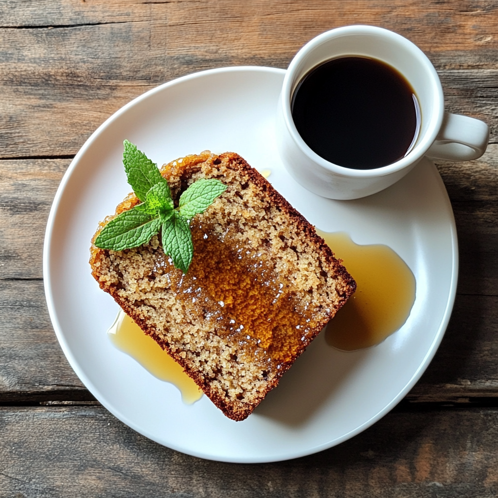 A slice of olive oil banana bread on a white plate with maple syrup drizzle and mint garnish