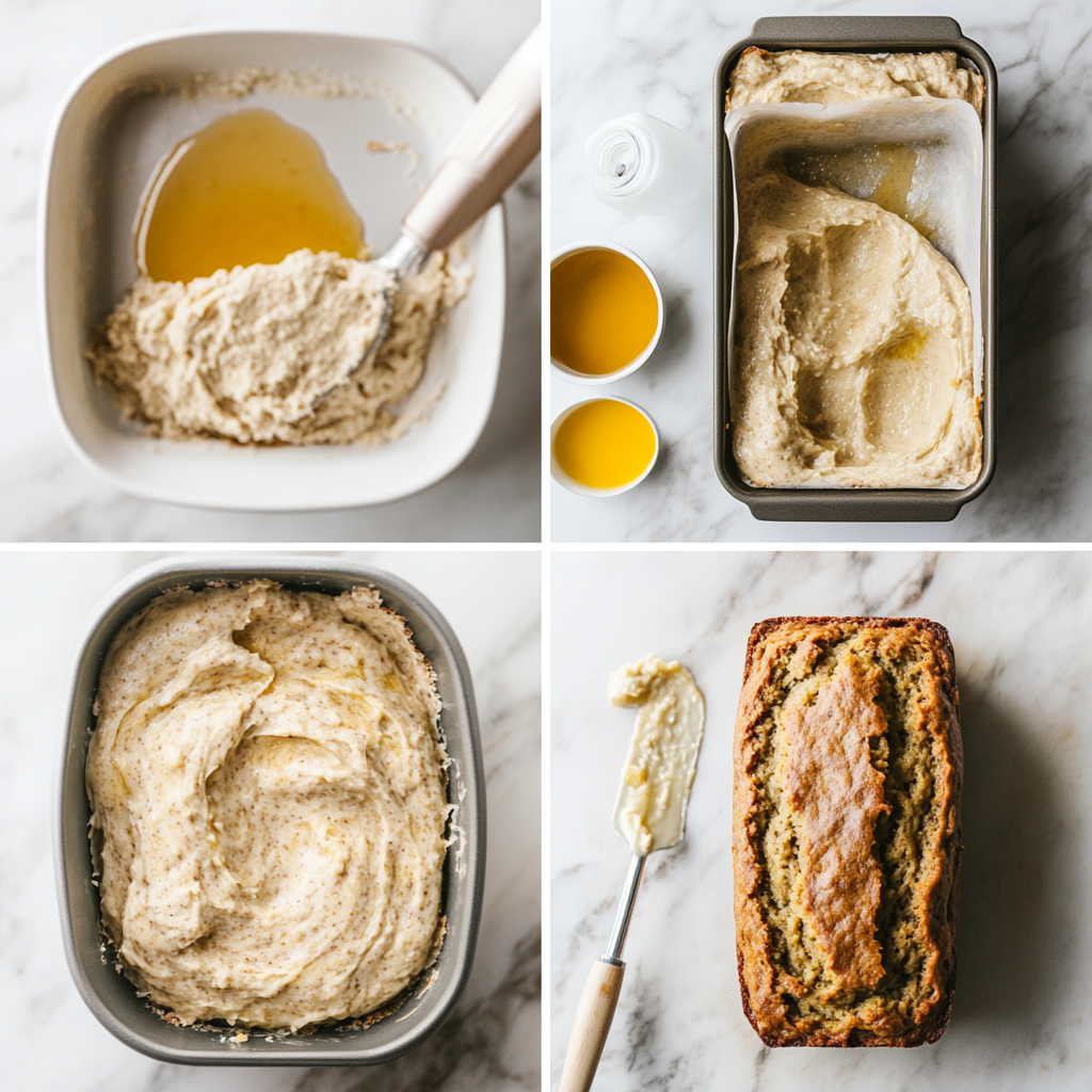 A collage showing the process of making olive oil banana bread: mashing bananas, mixing batter, and baking