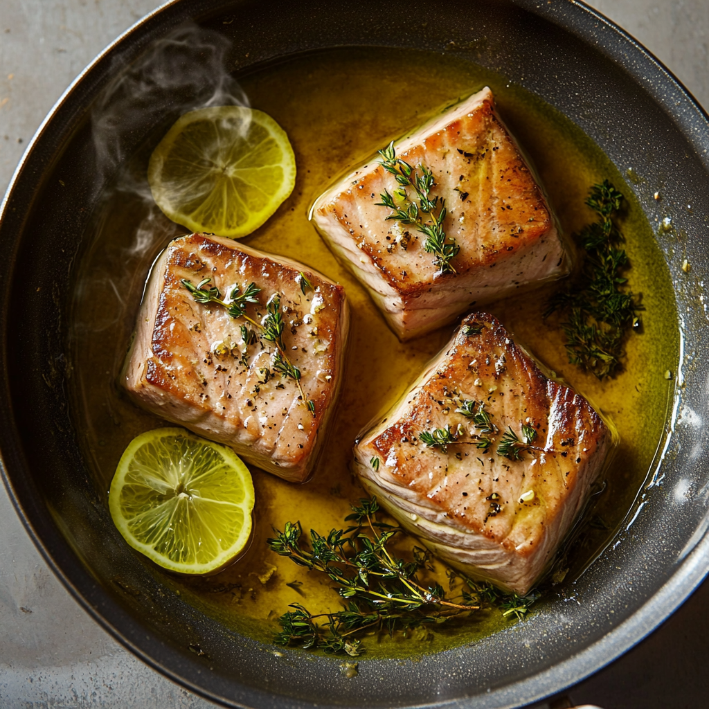 Tuna steaks poached in golden olive oil, garnished with rosemary, thyme, and lemon slices in a small pan