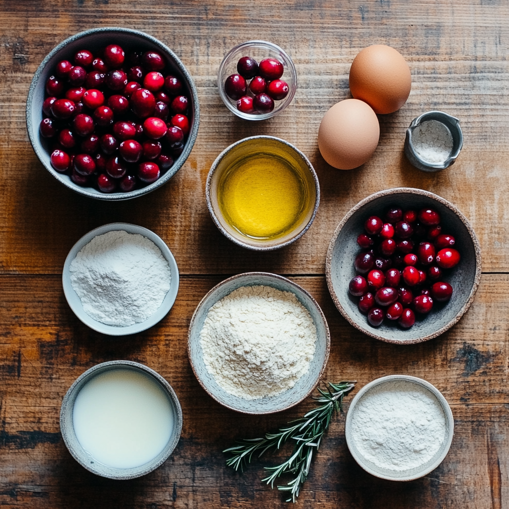 Ingredients for a moist olive oil cranberry Bundt cake neatly arranged