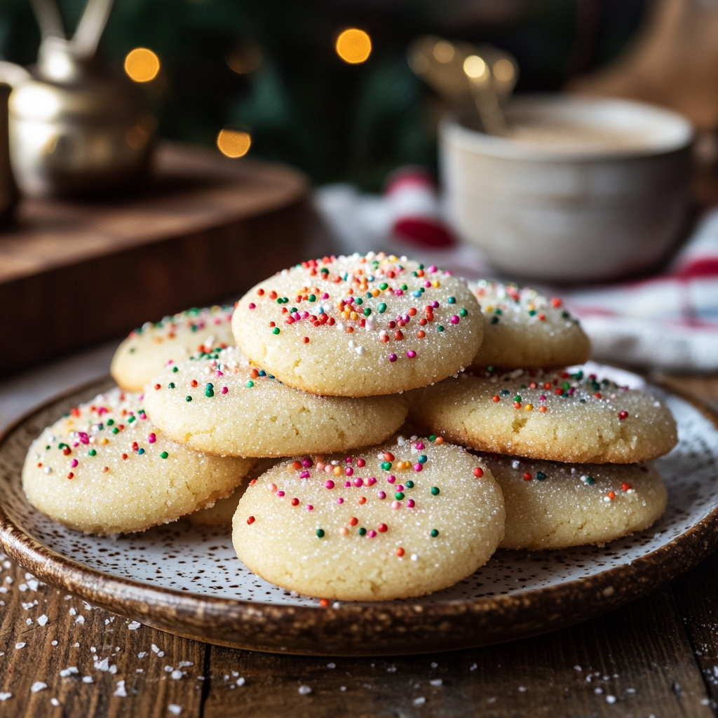 A festive plate with soft olive oil sugar cookies garnished with sprinkles