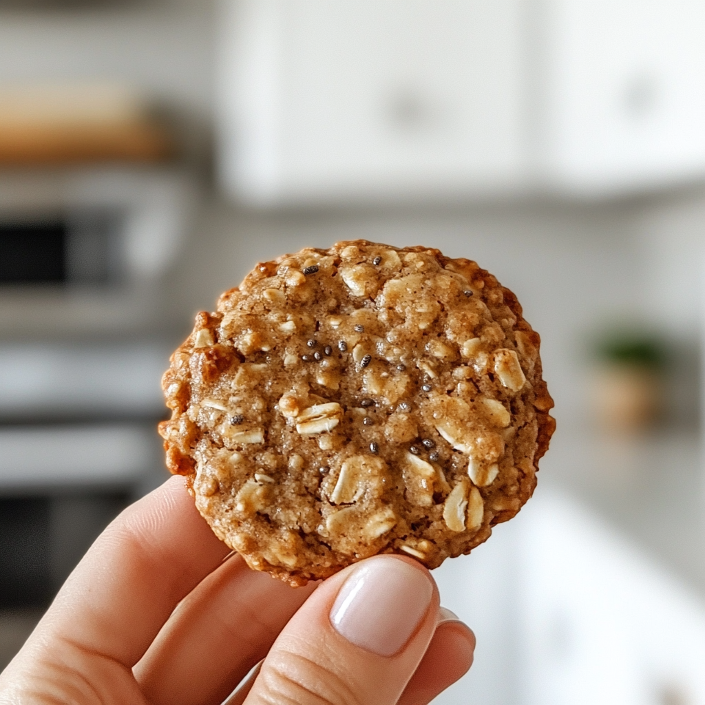 Close-up view of a moist oatmeal chia seed cookie with visible chia seeds and oat flakes