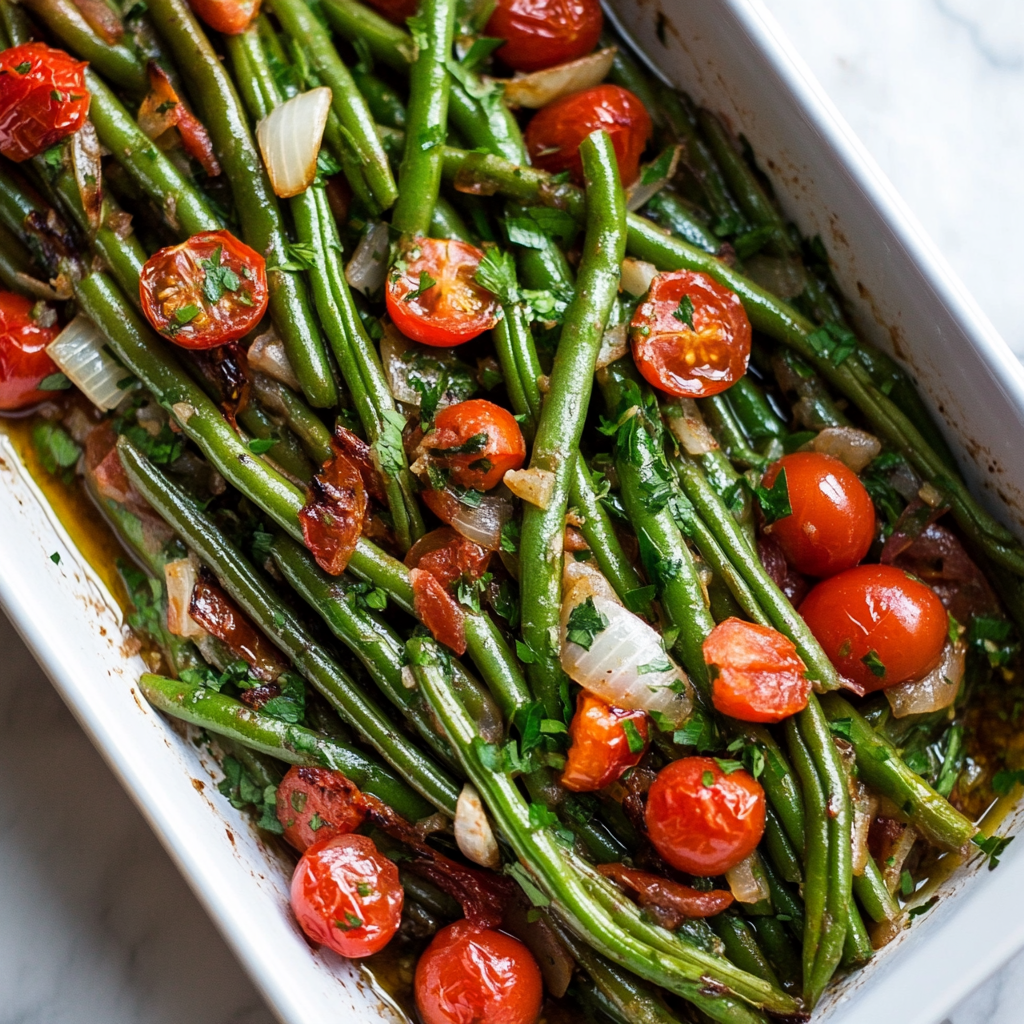 Green beans with olive oil, onions, garlic and tomatoes, in a serving dish.