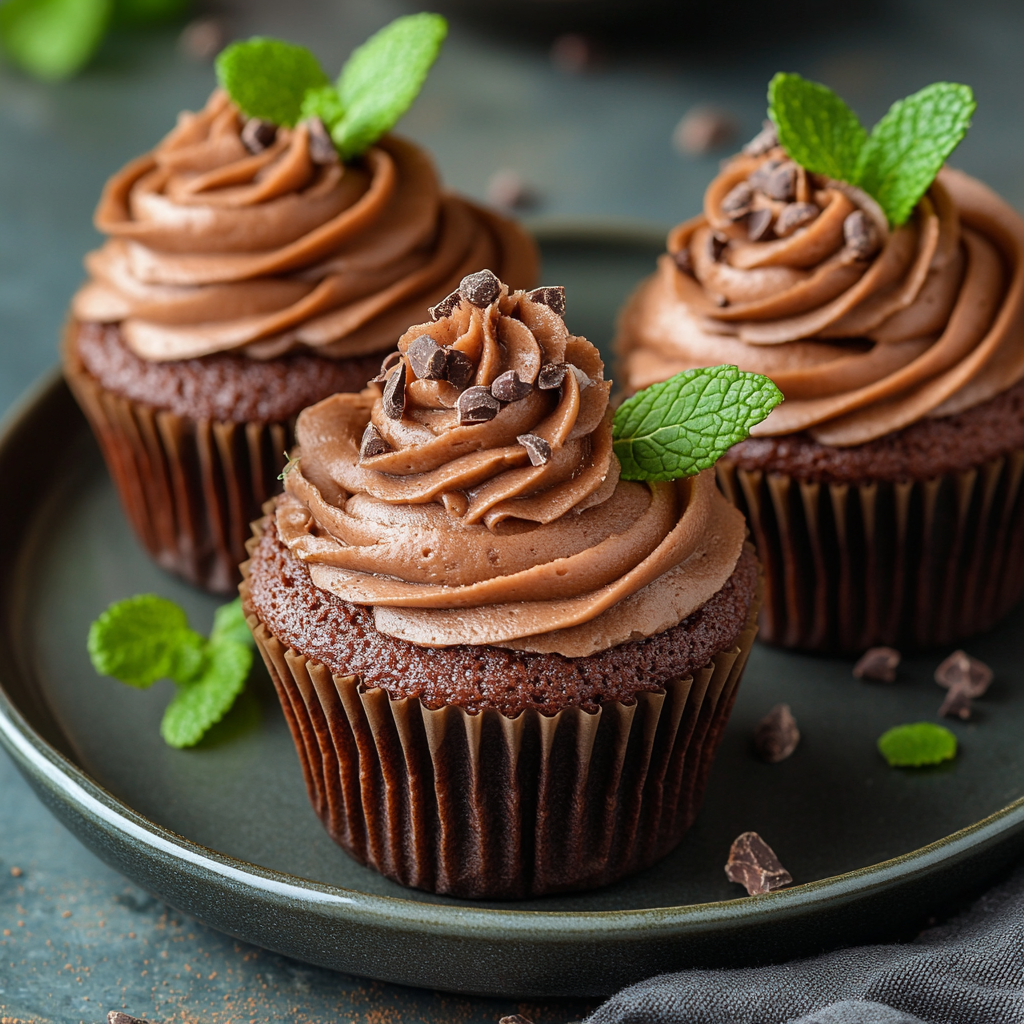 Dairy-free cupcakes topped with creamy Paleo chocolate frosting and garnished with cacao nibs